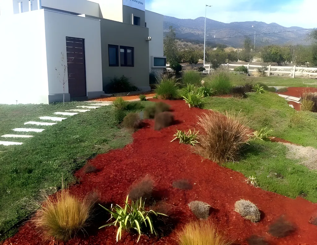 Talud de una casa con mulch rojo, gramíneas y piedras, con los cerros de fondo