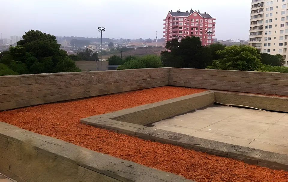 Terraza con una jardinera cuadrada de mulch naranjo frente a edificios